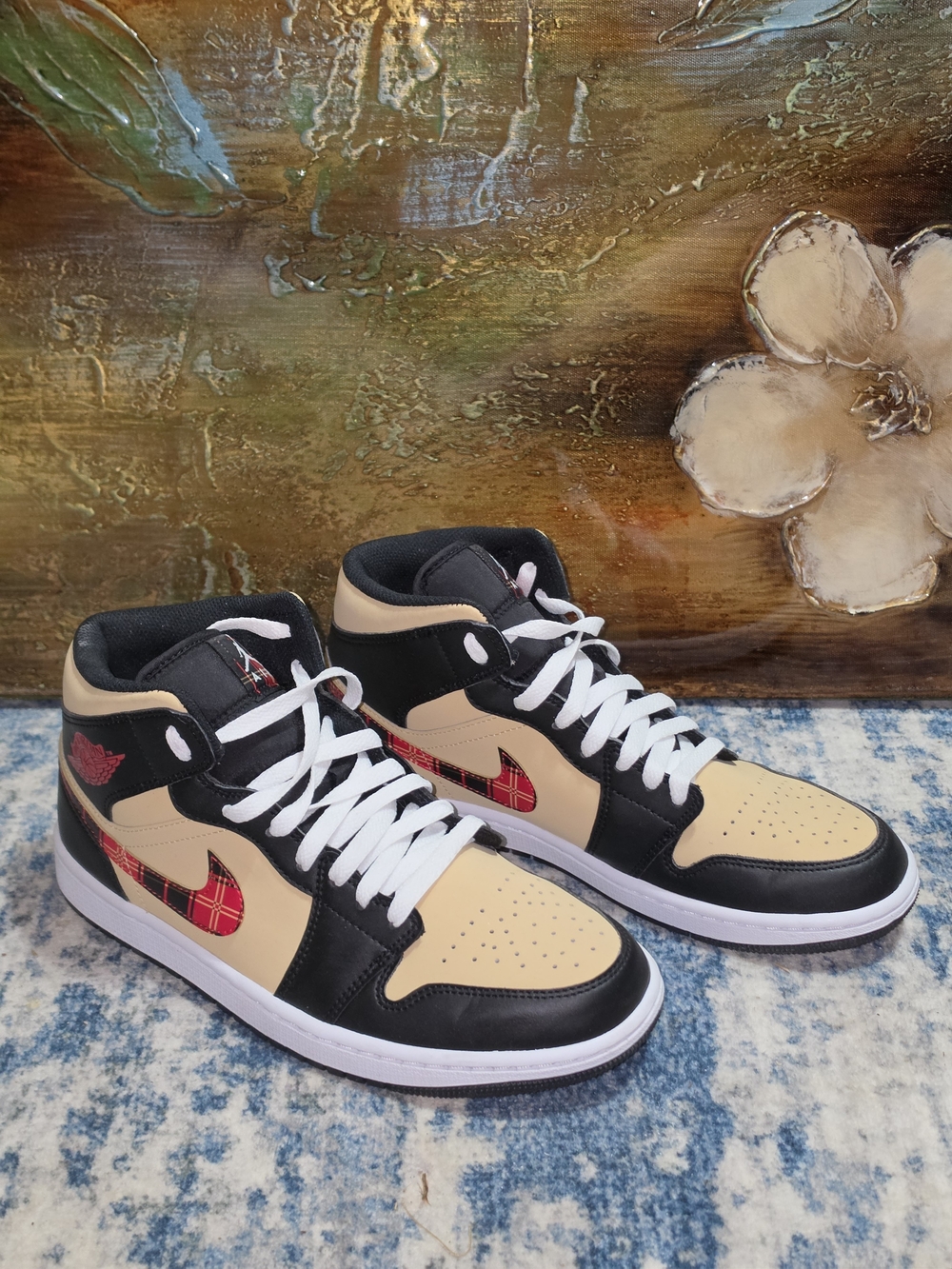 Nike Air Jordan Style Mid-Top Sneakers in Black, Beige & Red Plaid